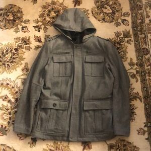 Guess Grey Pea Coat high collar w/removable hood